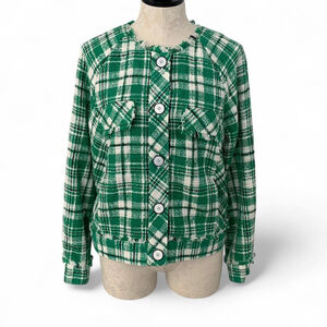 Cabi Green & White Sophia Plaid Tweed Cotton Library Jacket - Size M